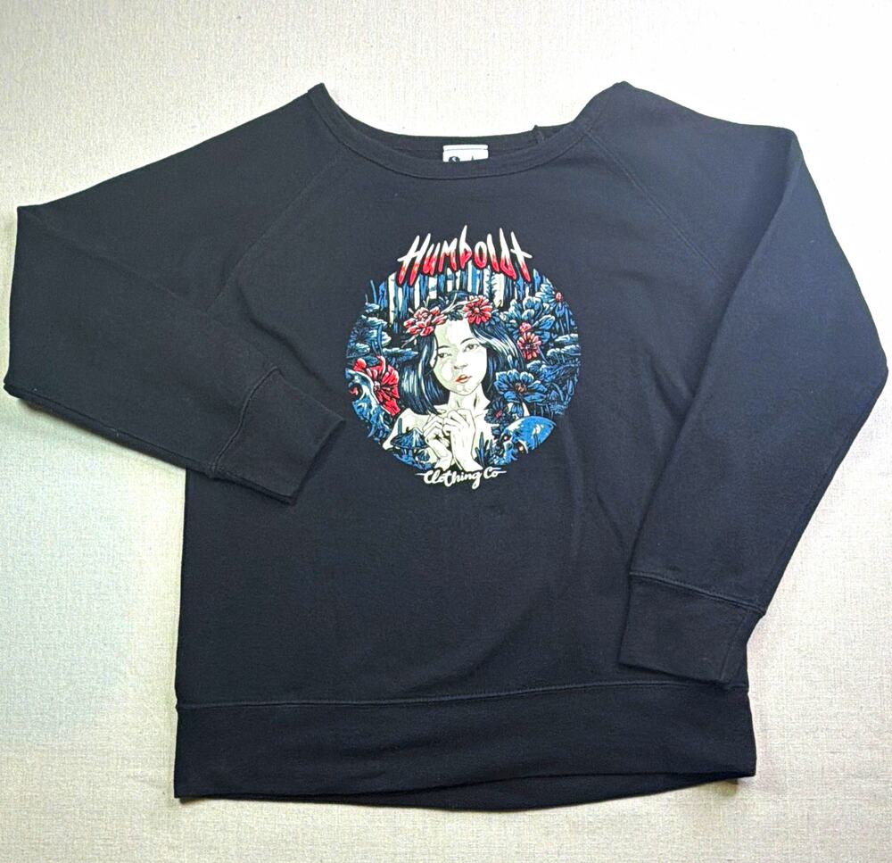 Humboldt Clothing Co Graphic Crewneck Raglan Sweatshirt Womens S Black Fleece